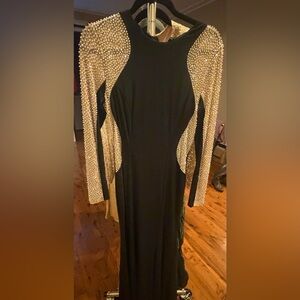 Xscape Black Dress with Gold Embellished Sleeves